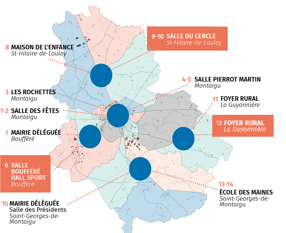 Carte des bureaux de vote de Montaigu-Vendée, élections départementales et régionales juin 2021