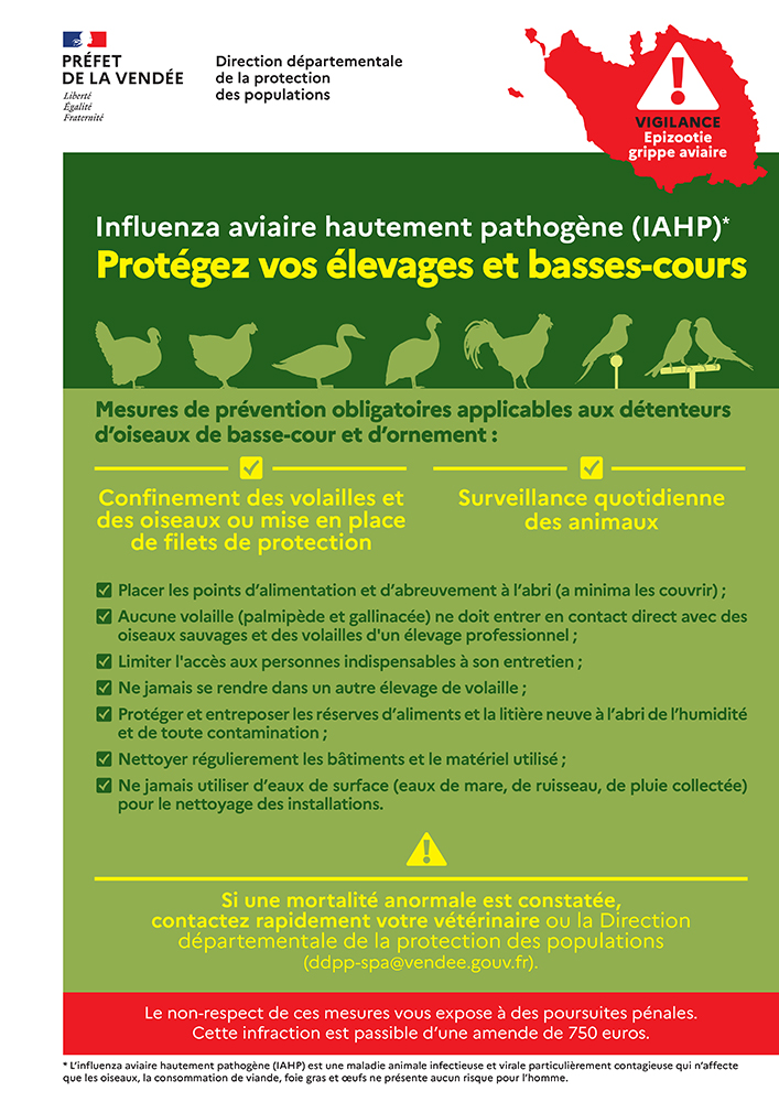 Affiche : mesures de prévention grippe aviaire - Département de la Vendée